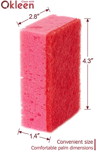 Image of Pink Multi Use Scrub Sponges. Made in Europe. 18 Pack, 4.3x2.8x1.4 inches. Odorless Heavy Duty & Non Scratch Fiber. Durable and Delicate Scrubber for Kitchen & Bathroom, Housekeeping & Outdoors