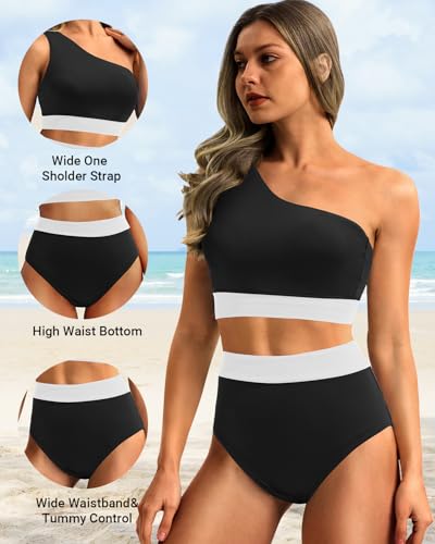 Image of Holipick Women One Shoulder High Waisted Bikini Set Two Piece Tummy Control Swimsuits Full Coverage Bathing Suit