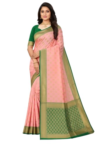 Shyam Leela Women’s Banarasi Silk Saree with Golden Zari Border Elegant Festive & Wedding Wear with Unstitched Blouse Piece (Baby Pink & Green)