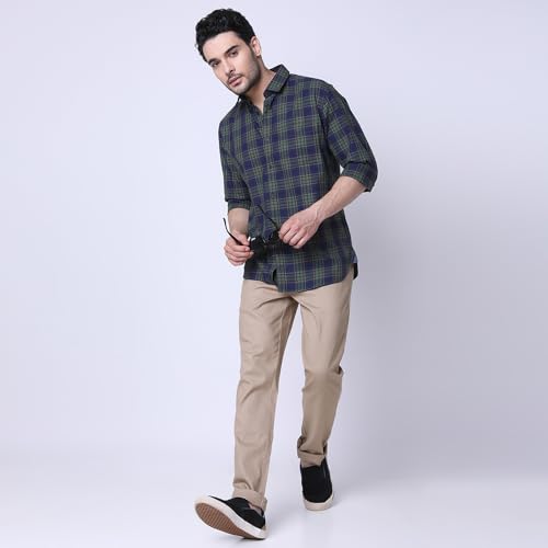 Image of J. HAMPSTEAD Cotton Slim Fit Checkered Casual Shirt for Men