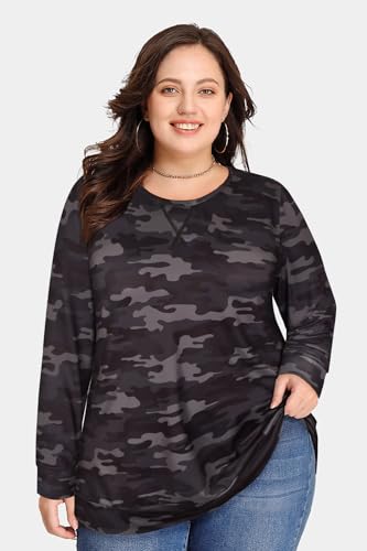 Image of CARCOS Plus Size Tops for Women Color Block Flower /Striped /Camo Crew Neck Long Sleeve Tee Shirt