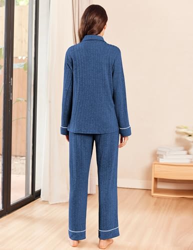 Ekouaer Womens Pajama Sets Long Sleeve Ribbed Knit Lounge Set Button Down Soft 2 Piece Pjs With Pockets4