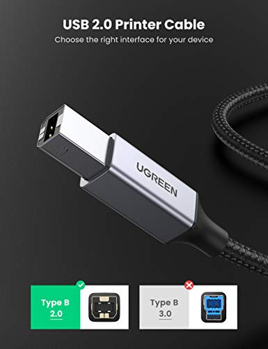 Image of UGREEN USB Printer Cable Braided Printing Cord Type A to B 2.0 Male Scanner Lead High Speed Compatible with Epson, Brother, HP, Lexmark, Dell, Xerox Printers, Piano, DAC 1M