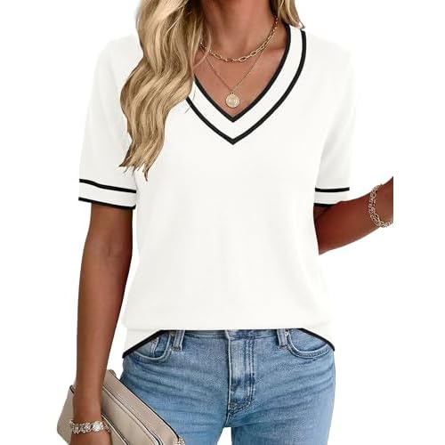 Rapbin Womens Short Sleeve Sweater Summer V Neck Tops Casual Knit Shirts Lightweight Pullover Top Color Block White X-Large