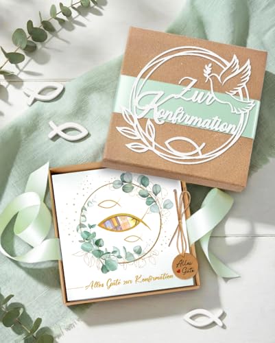 Konfirmation Geschenk Mädchen Junge,Geldgeschenke Verpackung Konfirmation Geschenkbox mit Konfirmationskarten und Holzfisch,Konfirmationsgeschenke für Jungs