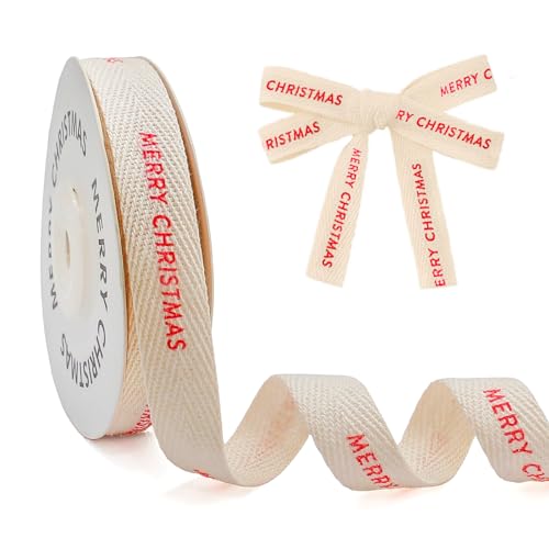 FQTANJU Merry Christmas Cotton Ribbon 5/8 Inch x 10 Yards Natural Twill Tape Herringbone Cotton Crafts Gift Wrapping Ribbon for Crafts Supplies Holiday Party Gifts Wrapping Xmas Ribbons