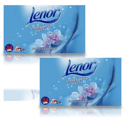 2 Pack of Lenor Tumble Dryer Fabric Conditioner Sheets Spring Awakening 34 Sheets for Clean & Soft Fabrics, Essential Fragrance with Revitalising Scent