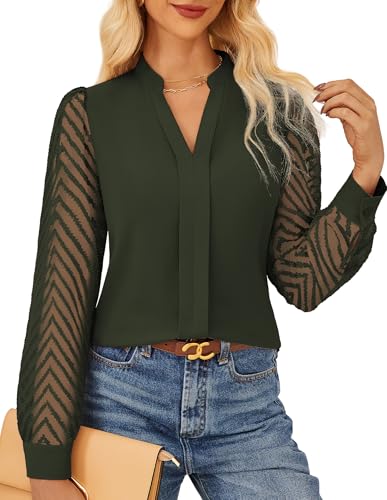 GRACE KARIN Women's Lightweight Blouse Long Sleeve Business Shirt Lace Long Sleeve Office Wear for Women UK Army Green L