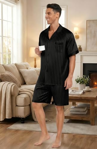 Image of Ekouaer Mens Satin Pajamas Set Button-Down Short /Long Sleeve Shirt Top Soft Silk Sleepwear Loose Pocket Pant Loungewear