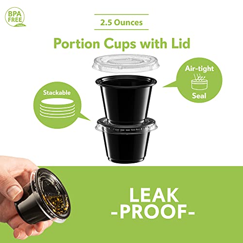 Image of {2.5 oz - 100 Sets} Black Diposable Plastic Portion Cups With Lids, Small Mini Containers For Portion Controll, Jello Shots, Meal Prep, Sauce Cups, Slime, Condiments, Medicine, Dressings, Crafts,