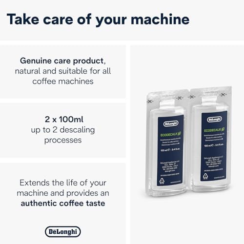 De'Longhi EcoDecalk Descaler, 200 ml (2 X 100ml) - Ecofriendly Limescale Remover for Coffee Maker, Natural Lactic Acid, Preserves Coffee Flavor,Upto 3x Faster & More Effective than Citric Acid DLSC200