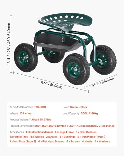 Image of VEVOR Rolling Garden Cart with Swivel Seat, Heavy Duty Garden Seat with Storage Basket & Tool Tray, 300 lbs Weight Capacity, Outdoor Utility Gardening Stool Scooter for Lawn Yard Planting Weeding