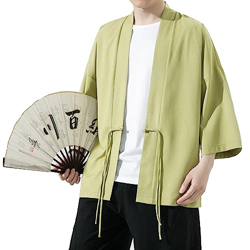 Image of Mens Kimono Cardigan Cotton Linen Japanese Shirt 3 /4 Sleeve Haori Yukata | Skin-Friendly Solid Color Lightweight Shawl Collar Kimono Robe Embroidery Button Tie Pockets Happi Coat All Season Daily Wear