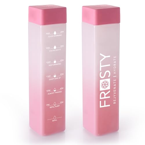 Frosty 100% Food Grade Premium Plastic Fridge Square Water Bottle With Motivational Time Marker - Unbreakable,Leakproof&Non-Toxic (4 Pieces, 1Litre, Multi)