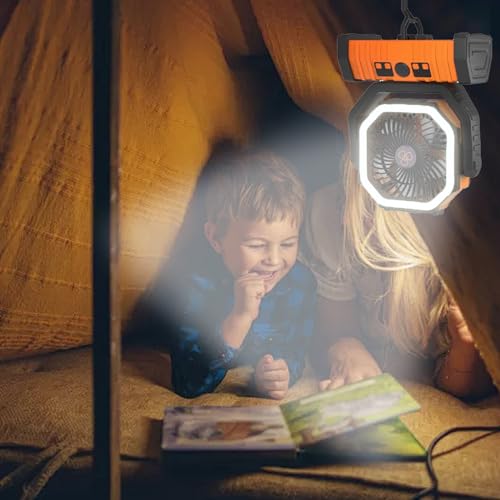 Rechargeable Fan,Operated Camping Battery Powered Fan with Hook&Bright LED Light,Remote Control Timer Auto Oscillation Cordless Outdoor Fan for Power Outage,Picnic,Barbecue,Fishing,Travel,Jobsite,Home