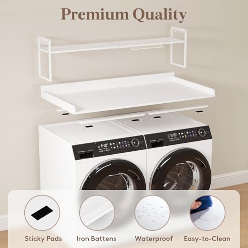 Image of Lifewit Washer Dryer Adjustable Countertop with Shelf, White, 54''x 27.5'' | Adjustable shelf, melamine top cover, edge rails and towel rack support up to 200 lb for laundry room storage