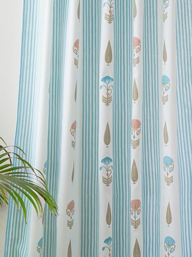 Image of Tranquebar Curtain Co. Window Curtains 5 Feet, 60-65% Room Darkening,Blue-Pink Floral Print, Cotton Curtains for Window, Cotton Curtains 5 Feet Long Set of 2, BackTab Loops,Reva (152 cm) - Set of 2