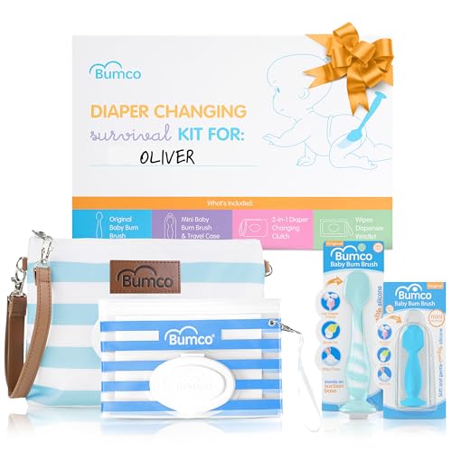 Image of Bumco Baby Essentials Set - Personalized Diaper-Changing Baby Shower Gifts for Boys, Baby Gift Set with 2 Baby Bum Brushes (Original & Mini) + Diaper Clutch Bag + Wipes Wristlet, Newborn Gift Set
