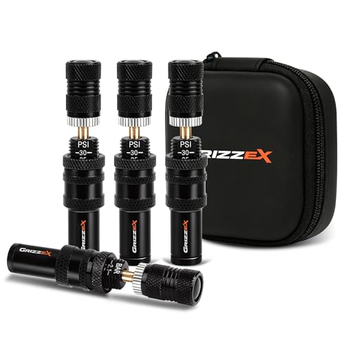 Grizzex Tire Deflator Kit 4 Pack Auto-Stop Tire Deflators Adjustable 10-30 PSI Air Down Tool Nickel-Plated Brass Tire Deflator Valve Set with Storage Case for Off-Road 4x4 Jeep Truck SUV UTV RV