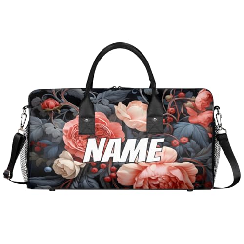 Personalized Retro Flower Travel Duffel Bag with Name, Custom Gym Sport Bags Green Leaves Carry On Weekend Overnight Duffel Bag for Men Women
