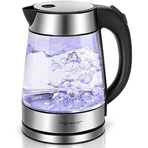 Aigostar Glass Kettle with LED lighting, 2200W, 1.7L, Boil-Dry Protection, BPA Free, Black and Silver, Quiet Boiling - Chubby 30LDA Cover