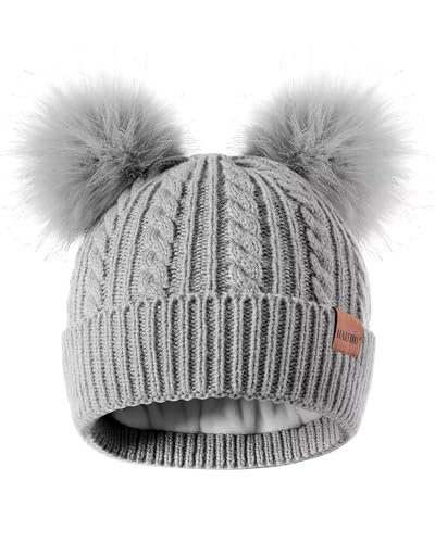 Winter Hat for Kids Toddler Children, Girls Beanie with Double Pom Pom Warm Thick Thermal Fleece Lined, Girls Accessories Cute Knit Beanies Cap for Cold Weather(Gray)