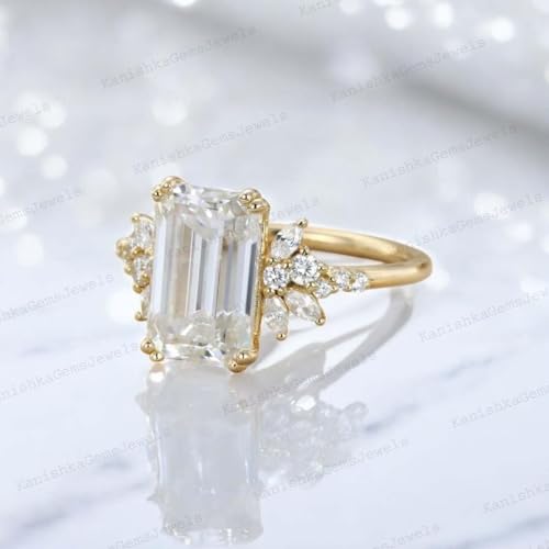 1.50 Carat Emerald Cut Moissanite Engagement Ring Handcrafted Cluster Ring in 14K Rose Gold Statement Jewelry for Women 4th of July Surprise Gift for Wife4