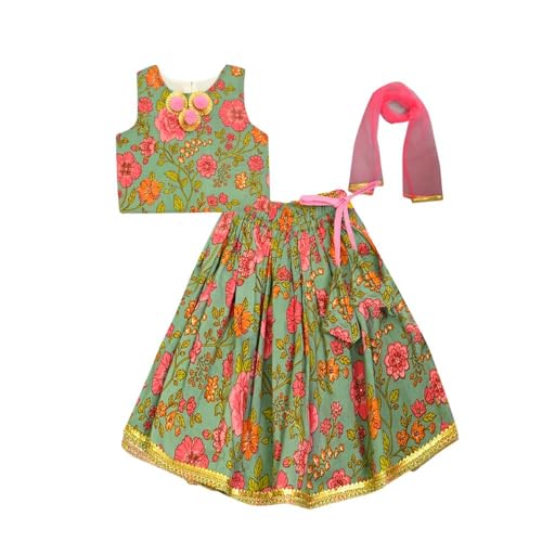 Image of A.T.U.N. (ALL THINGS UBER NICE) Girls Cotton Ethnic Floral Lehenga Choli Set with Lace & Dupatta | Traditional 3-Piece Festive Outfit for Kids