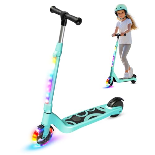 TST - Patinete eléctrico para niños de 6 a 8 a 10 años con luz LED Colorida y 3 Alturas Ajustables, 5,3 Pulgadas, Scooter eléctrico para niños, Carga máxima 70 kg, Velocidad máxima 10 km/h, autonomía
