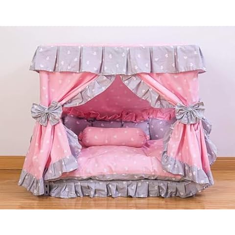 Kolachic Princess Pink Grey White Heart Pet Dog Handmade Bed House+1 Candy Pillow (M) Cover