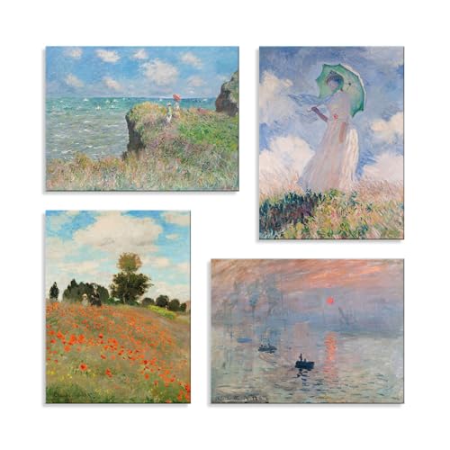 LuxHomeDecor Set 4 Quadri 40x30 cm - Stampa su Tela con telaio in legno - Claude Monet – Campo di Papaveri, Donna con Ombrello, Scogliera a Pourville, Impressione