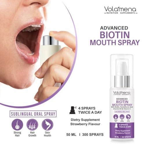 Image of Volamena Nutrition Advance Biotin Mouth Spray With Biotin, Vitamin C, D3 & B-7 for Plump & Clear Skin, Strong and Healthy Hair Growth, Strawberry Flavour, 50 ml