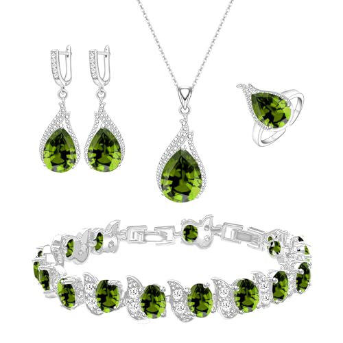 GZWHD Jewelry Set for Women CZ Earrings Necklace Ring Bracelet Set Prom Party Wedding Jewelry Gift for Mother Friend Wife, Adjustable, Brass, Created Peridot