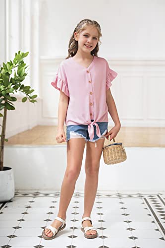 Image of Girls Ruffle Short Sleeve Shirts V Neck Tie Front Knot Tops Button Cute Tunic Shirts Blouse