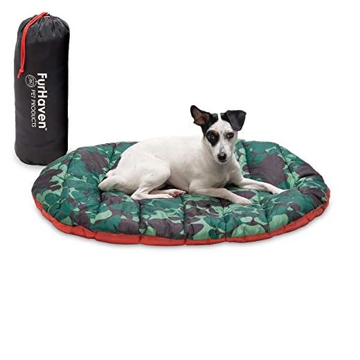 Furhaven Small Dog Bed Trail Pup Travel Pillow Mat w/ Stuff Sack, Washable - Paprika/Camo-Paw, Small