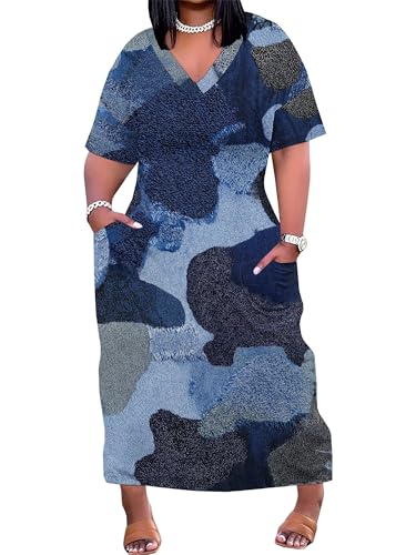 Image of SUZONANA Plus Size Denim Print Maxi Dresses for Women Casual V Neck Short Sleeve with Pockets Soft Jean Look Dress XL-6XL