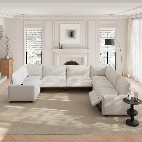 Image of 131.5 inch Power Reclining Sofa with Wireless Charging & Heated Seats,Smart Recliner Sectional Couch,Zero Gravity Recliner Sofa,Deep Seat Cloud Couch for Living Room Home Theater,Beige,7 Seats