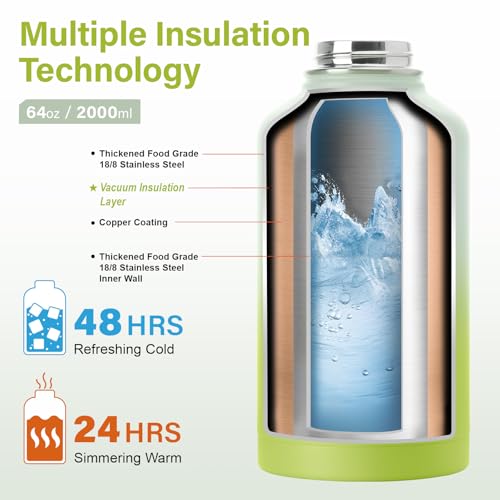 Image of DYSANKY Insulated Water Bottle 64oz with Carrier Bag and Paracord Handle Black and Gradient Green