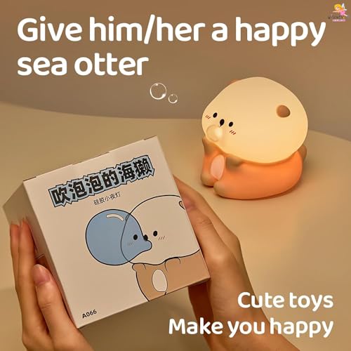 Image of WISHKEY Bubble Blowing Otter Night Light for Kids & Adults, 3-Level Dimmable Silicone Lamp with Tap Control & Timer, USB Rechargeable Cute Nursery Bedroom Decor Gift