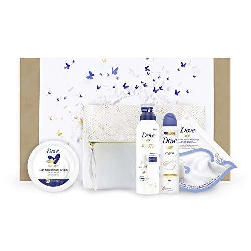 Donde Estuche Mosturizing Beauty Rutina, contiene espuma de ducha donde aceite de algodón, mascarilla hidratante, crema Dove Body Love facial y cuerpo antitranspirante Original, idea de regalo