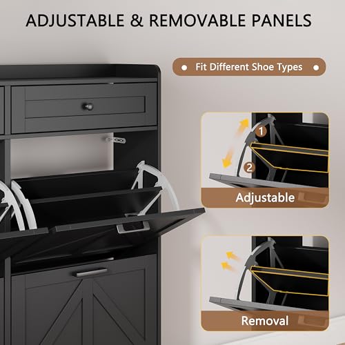 Image of Shoe Cabinet with 4 Flip Drawers & 2 Top Drawers, 43 inch Tall Freestanding Narrow Wooden Shoe Storage Organizer for Entryway, Hidden Slim Shoe Rack for Front Door Entrance, Hallway, Living Room, Black