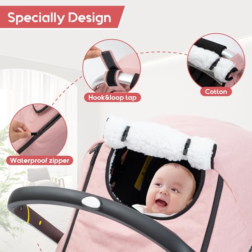 Image of Winter Baby Car Seat Cover, Waterproof Carseat Cover with Zipper Peep Window, Warm Sherpa Fleece Lining, Universal Infant Car Seat Canopy Stroller Cover for Rain Snow Cold Weather (Pink)