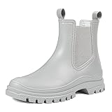DKSUKO Women's Short Rain Boots Rubber Waterproof Garden Boots Elastic Slip On Ankle Chelsea Boot Fashion Insulated Rain Shoe for Outdoor Work Thick Sole (8 B(M) US, Matte gray)
