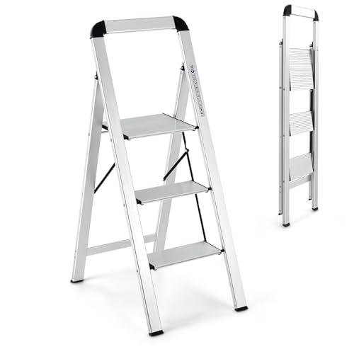 SOARS Scala 3 Gradini in Alluminio, Scaletta Pieghevole con Piedini Antiscivolo, Leggera e Portatile, Portata 150 kg, Attacco & Fibbia di Sicurezza, per Casa, Officina, Garage, 44 X 62 X 109 CM