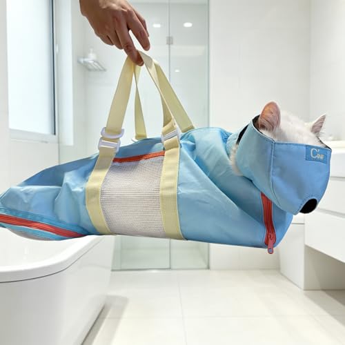 Image of Cinf Cat Nail Clipping Cleaning Grooming Restraint Bag (Free Muzzle) No Scratching Biting for Bathing Nail Trimming Injecting Examining((Sky Blue Citrus,M)