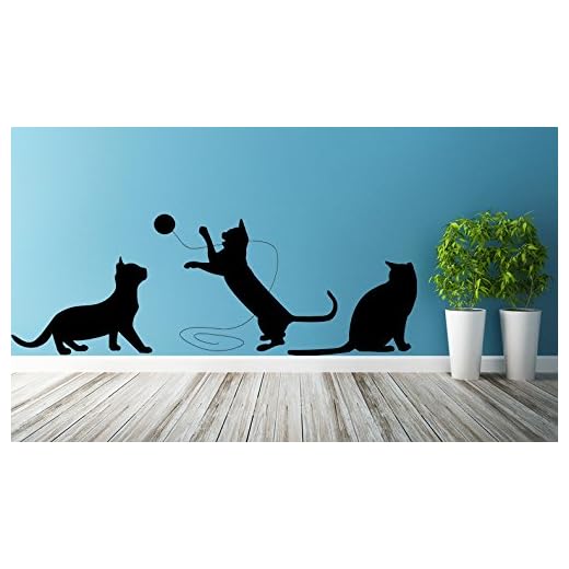 cats (180 x 65 cm) vinyl väggdekal söt spelande/glad 3 kattungar silhuett konst dekor avtagbar klistermärke/hem gör-det-själv väggmålning + gratis slumpmässig dekal gåva