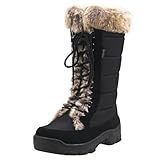 AUSLAND Women's Black Winter Snow Boots Twin Peaks Fur Cuff Mid-Calf Waterproof Lace Up Boots E7623 7US/38EU