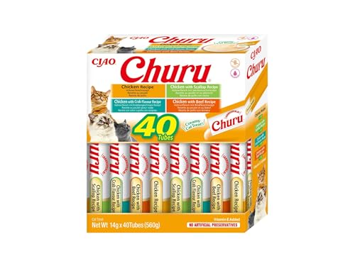 INABA Churu Snack per Gatti Cremoso in 4 Varietà al Pollo - 40 Stick x 14g - Cibo per Gatti da Leccare, Sano e Delizioso - Snack Gatto Senza Conservanti o Coloranti Artificiali, Grain-Free