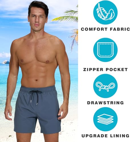 Image of Mens Swim Trunks Compression Liner No Mesh Swimming Trunks Men Swimwear Quick Dry Above Knee Zipper Pocket Swim Shorts