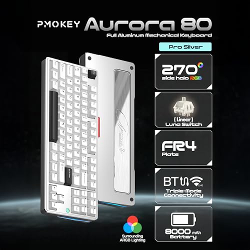 Image of PMOKEY Aurora 80 CNC Full Aluminum Wireless Mechanical Keyboard with VIA /QMK, 8000mah Battery, Tri-Mode Wireless Gaming Keyboard Custom Hot Swappable RGB Backlit for Windows /Mac /PC (Pro Silver)